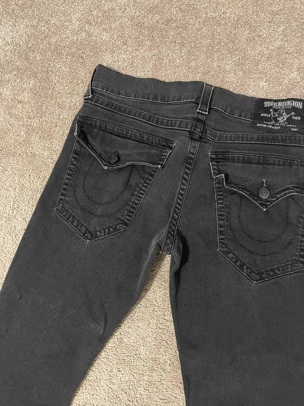 True Religion Jeans Mens 34x32 Black Section Straight Stretch Denim Flap Pockets